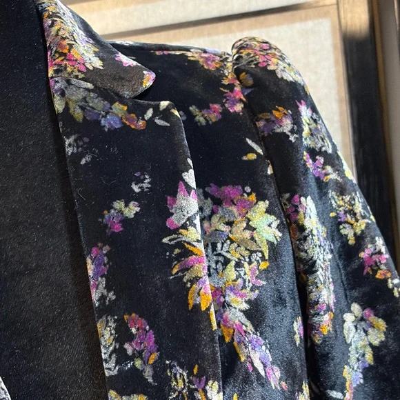 Rebecca Taylor Jewel Floral Print Velvet Blazer Size 4 Pockets Pleated shoulder